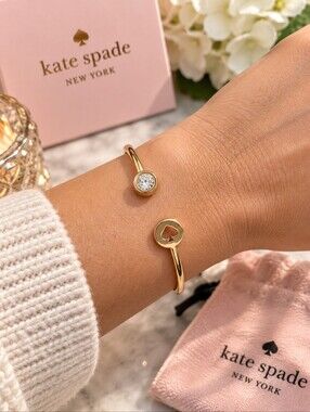 Kate Spade Signature Hinged Cuff Bracelet Spade Logo Cut Out Clear Stone Dot EUC